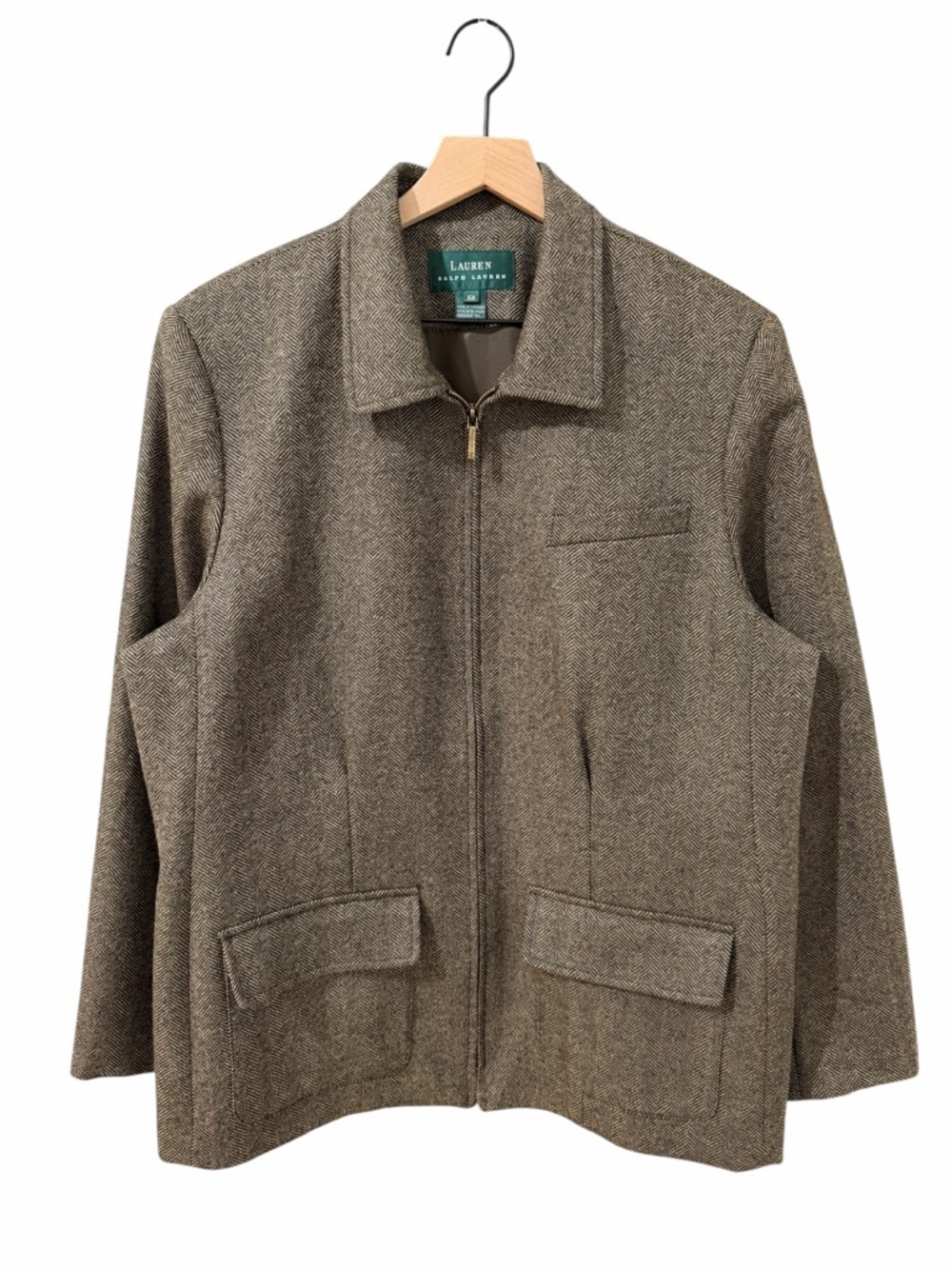 Vintage Lauren Ralph Lauren Herringbone Wool Zip Up Jacket Brown Size 16W